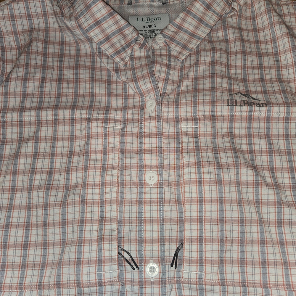 LL‎ Bean Shirt Womens XL White Plaid Tropicwear Stretch Button Up Zip Pocket